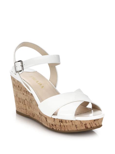 prada white patent wedge sandals|designer prada flat sandals.